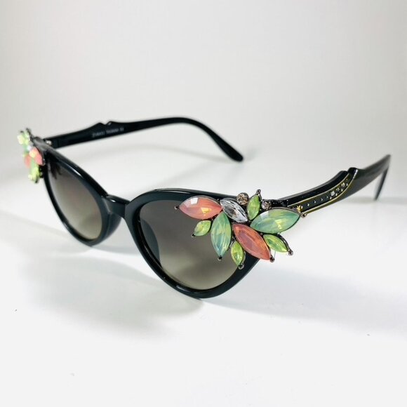 Retro Rhinestone hand embellished sunglasses Jet with pastel rhinestone wings